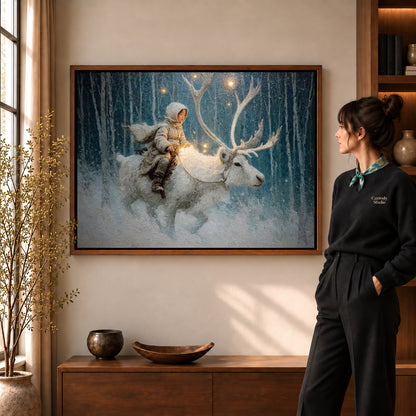 winter reindeer journey canvas art shown in the walnut frame option within a warm living room.