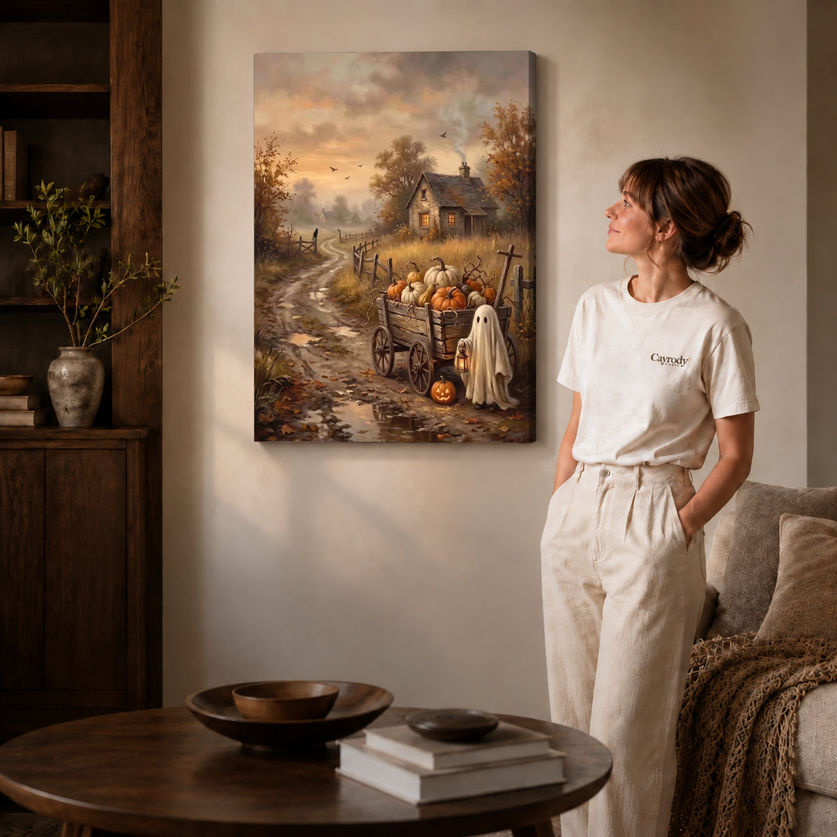 lantern ghost wagon canvas art on gallery-wrapped canvas with natural edge shading beside a standing woman.