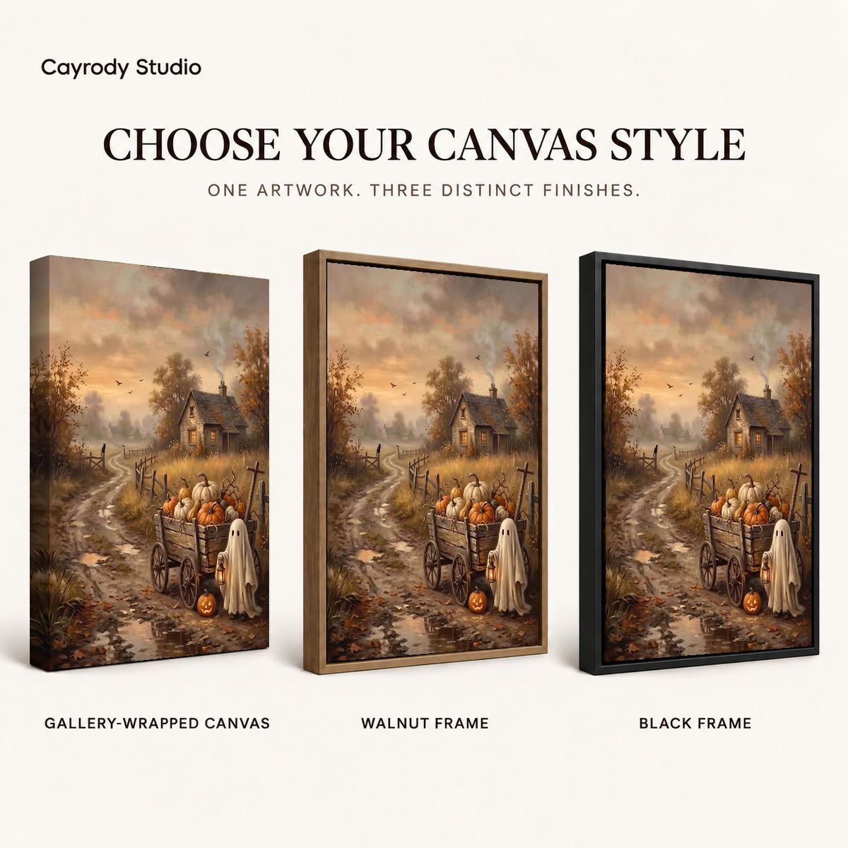 lantern ghost wagon canvas art compared across gallery-wrapped canvas, walnut frame, and black frame finishes.