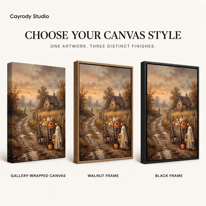 lantern ghost wagon canvas art compared across gallery-wrapped canvas, walnut frame, and black frame finishes.