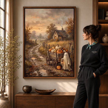 lantern ghost wagon canvas art shown in the walnut frame option within a warm living room.