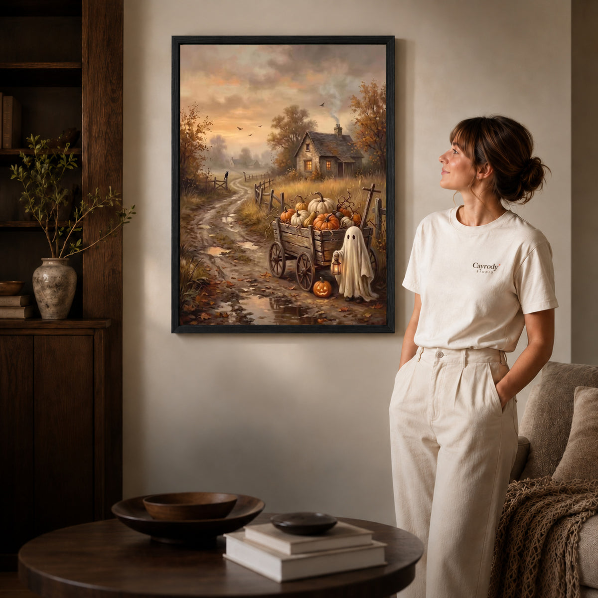 lantern ghost wagon canvas art shown in the black frame option against a softly lit wall.