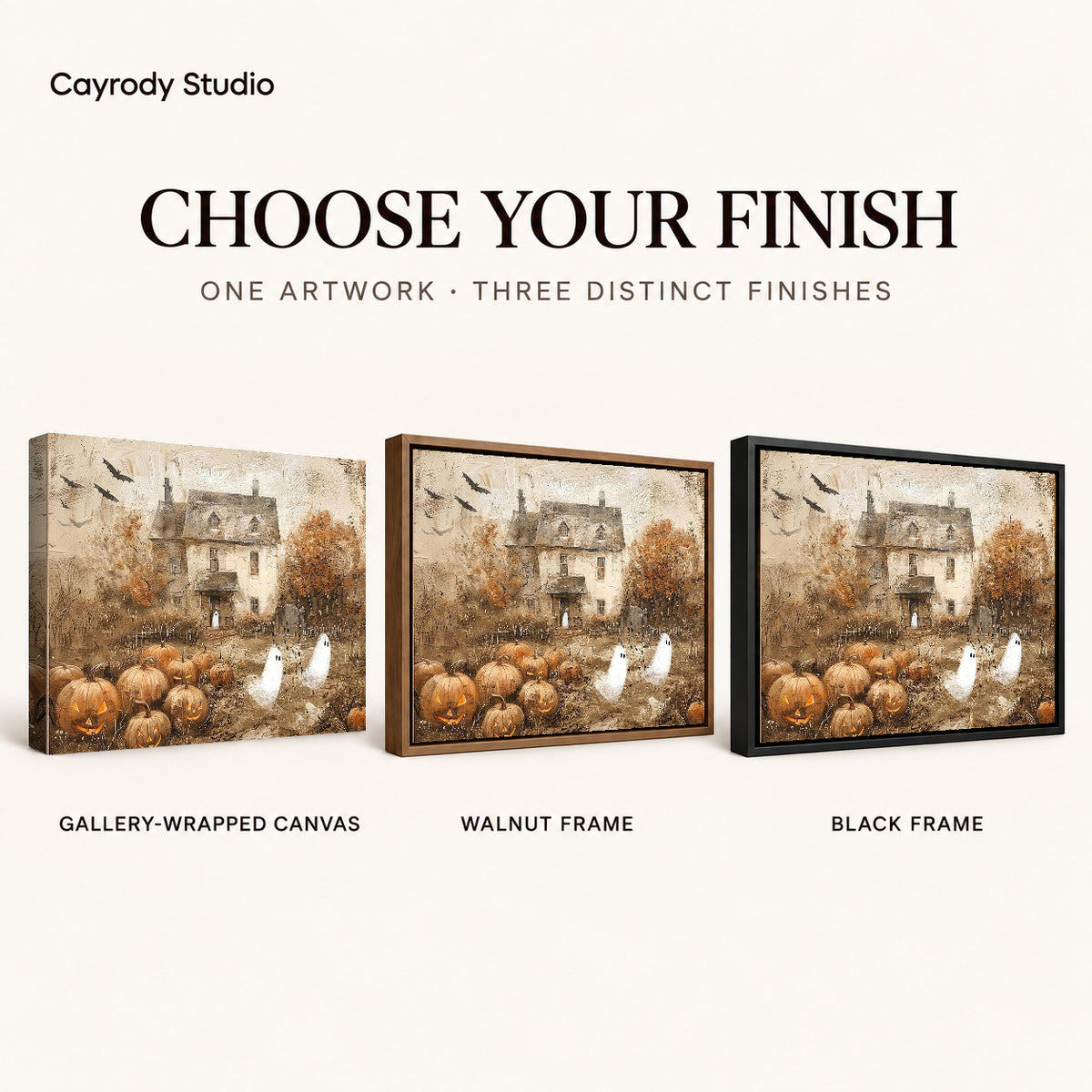 vintage ghost cottage canvas art compared across gallery-wrapped canvas, walnut frame, and black frame finishes.