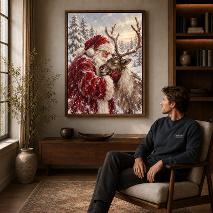 santa reindeer embrace canvas art in a walnut frame above a console beside a seated man.