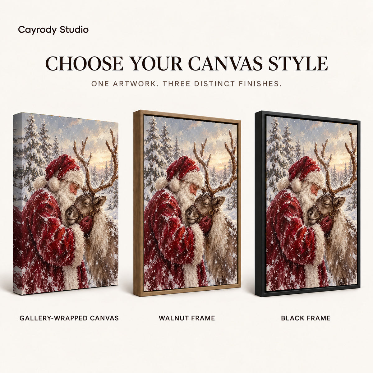 santa reindeer embrace canvas art compared across gallery-wrapped canvas, walnut frame, and black frame finishes.