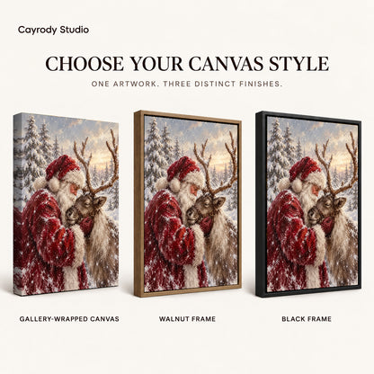 santa reindeer embrace canvas art compared across gallery-wrapped canvas, walnut frame, and black frame finishes.
