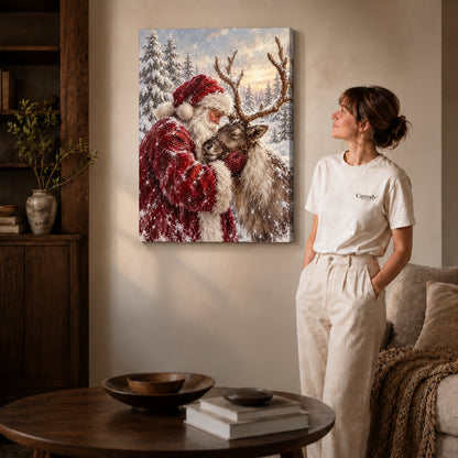 santa reindeer embrace canvas art shown in the gallery-wrapped option with visible depth and warm surroundings.