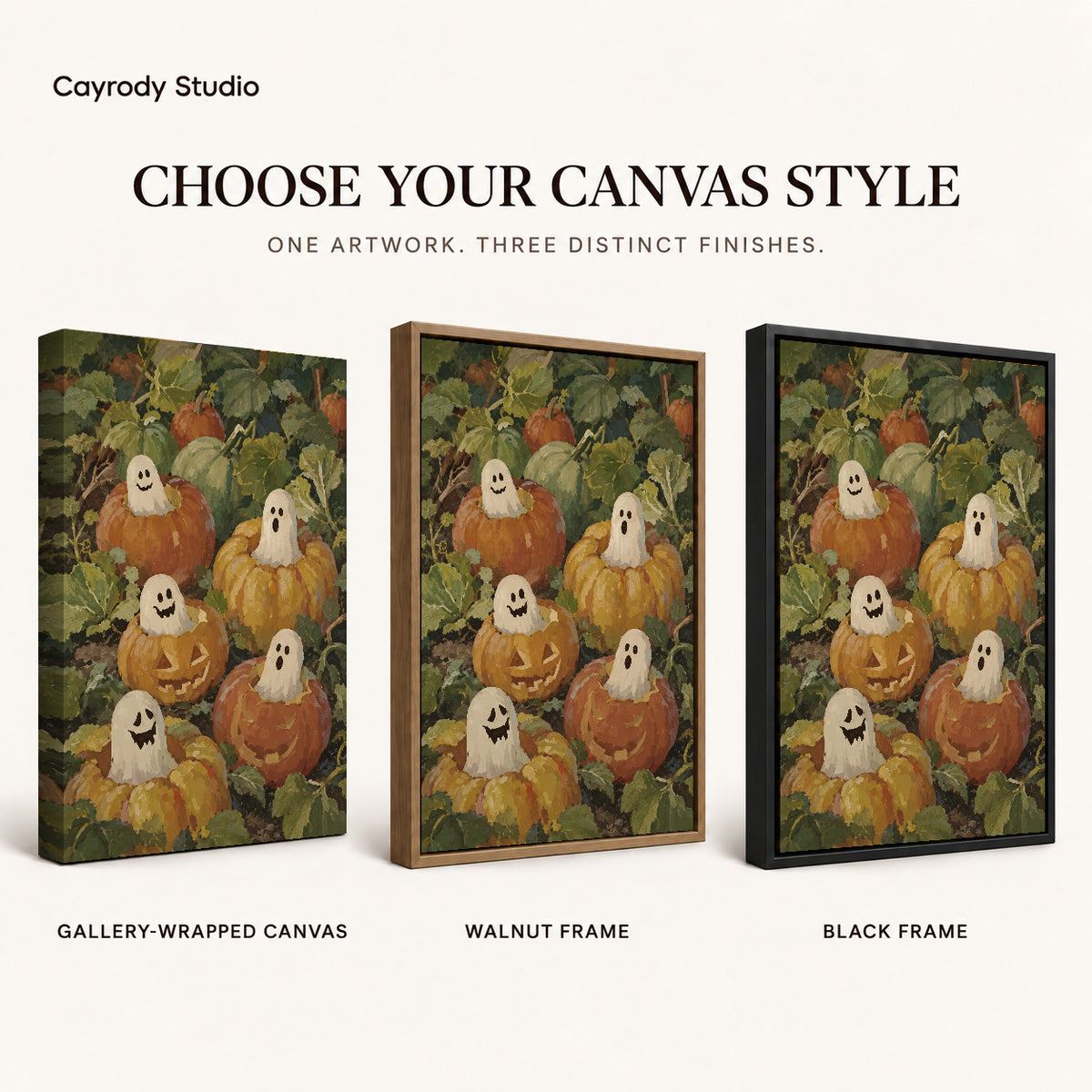 pumpkin ghost friends canvas art compared across gallery-wrapped canvas, walnut frame, and black frame finishes.