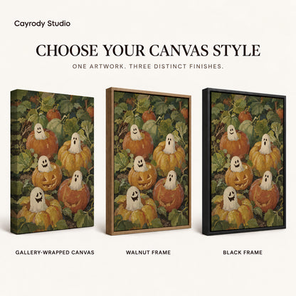 pumpkin ghost friends canvas art compared across gallery-wrapped canvas, walnut frame, and black frame finishes.
