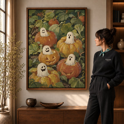 pumpkin ghost friends canvas art shown in the walnut frame option within a warm living room.