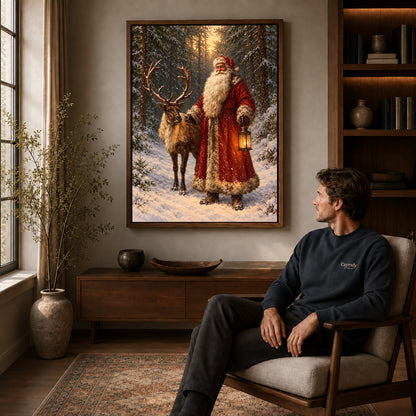 winter lantern santa canvas art in a walnut frame above a console beside a seated man.