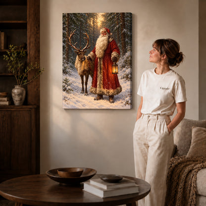 winter lantern santa canvas art on gallery-wrapped canvas with natural edge shading beside a standing woman.
