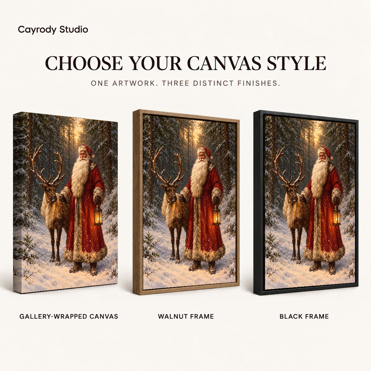 winter lantern santa canvas art compared across gallery-wrapped canvas, walnut frame, and black frame finishes.