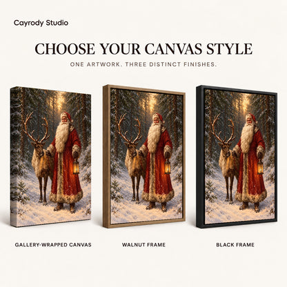 winter lantern santa canvas art compared across gallery-wrapped canvas, walnut frame, and black frame finishes.