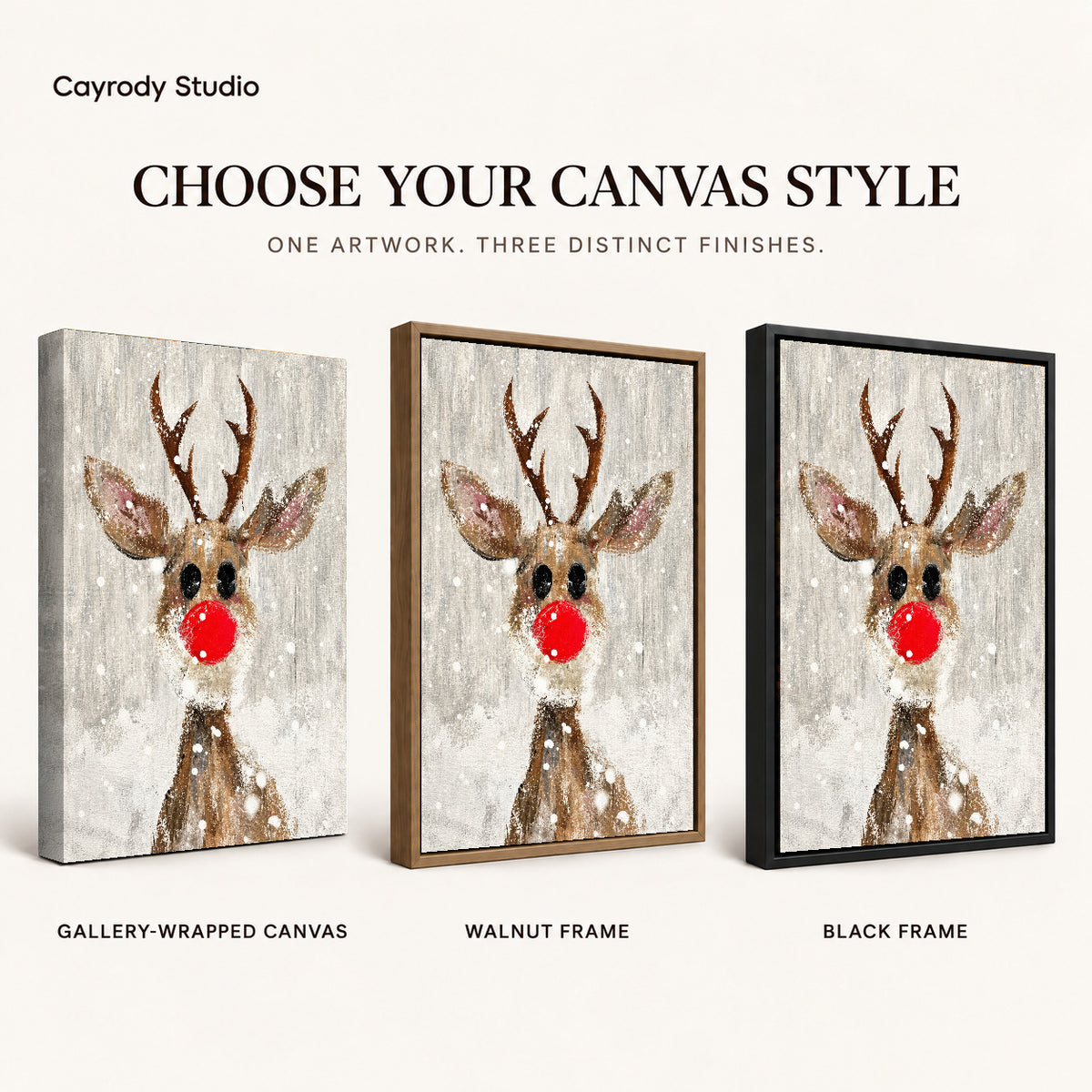 snowy red nose deer canvas art compared across gallery-wrapped canvas, walnut frame, and black frame finishes.