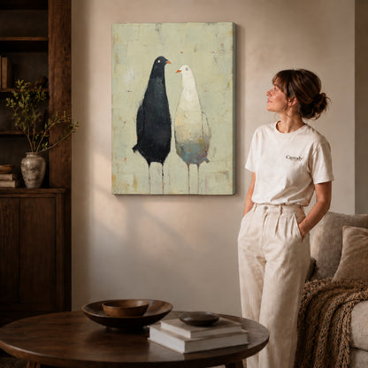 quiet bird companions canvas art on gallery-wrapped canvas with natural edge shading beside a standing woman.