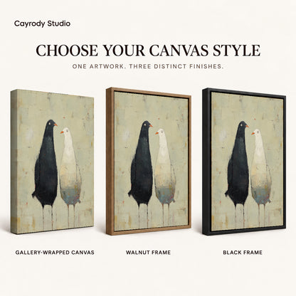 quiet bird companions canvas art compared across gallery-wrapped canvas, walnut frame, and black frame finishes.