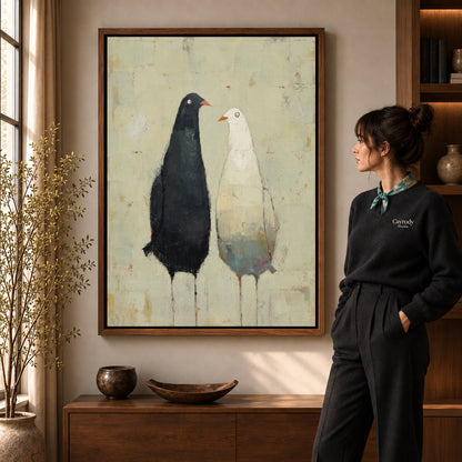 quiet bird companions canvas art shown in the walnut frame option within a warm living room.