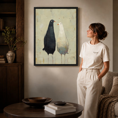 quiet bird companions canvas art shown in the black frame option against a softly lit wall.