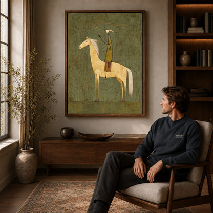 quiet lasso rider canvas art in a walnut frame above a console beside a seated man.