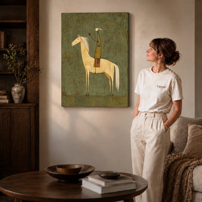 quiet lasso rider canvas art on gallery-wrapped canvas with natural edge shading beside a standing woman.