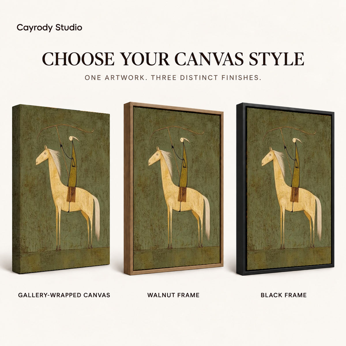 quiet lasso rider canvas art compared across gallery-wrapped canvas, walnut frame, and black frame finishes.
