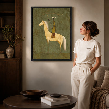 quiet lasso rider canvas art shown in the black frame option against a softly lit wall.
