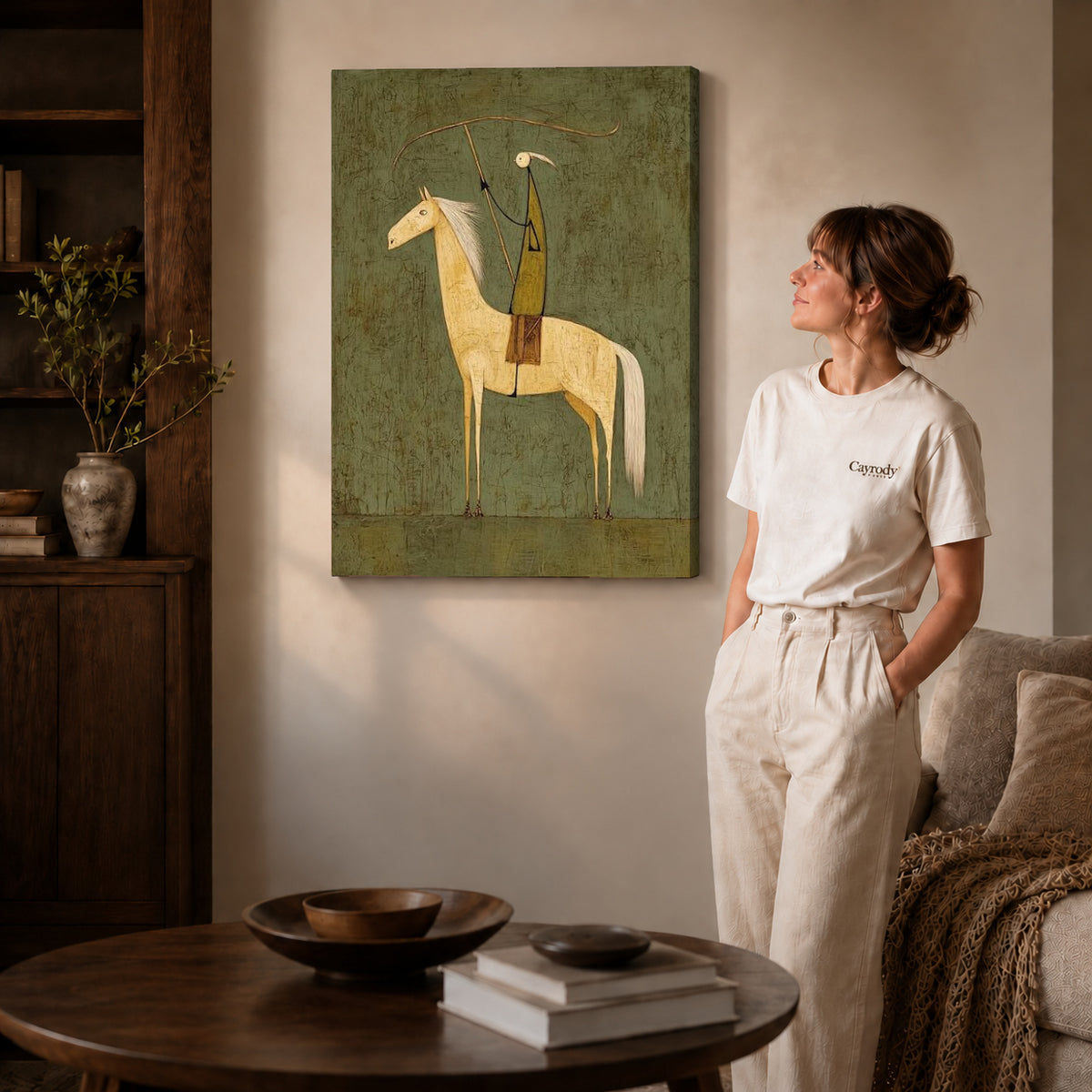quiet lasso rider canvas art shown in the gallery-wrapped option with visible depth and warm surroundings.