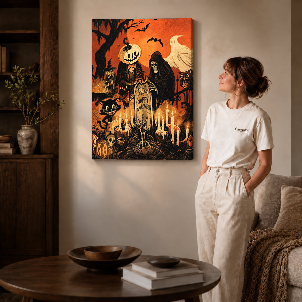 vintage halloween party canvas art on gallery-wrapped canvas with natural edge shading beside a standing woman.