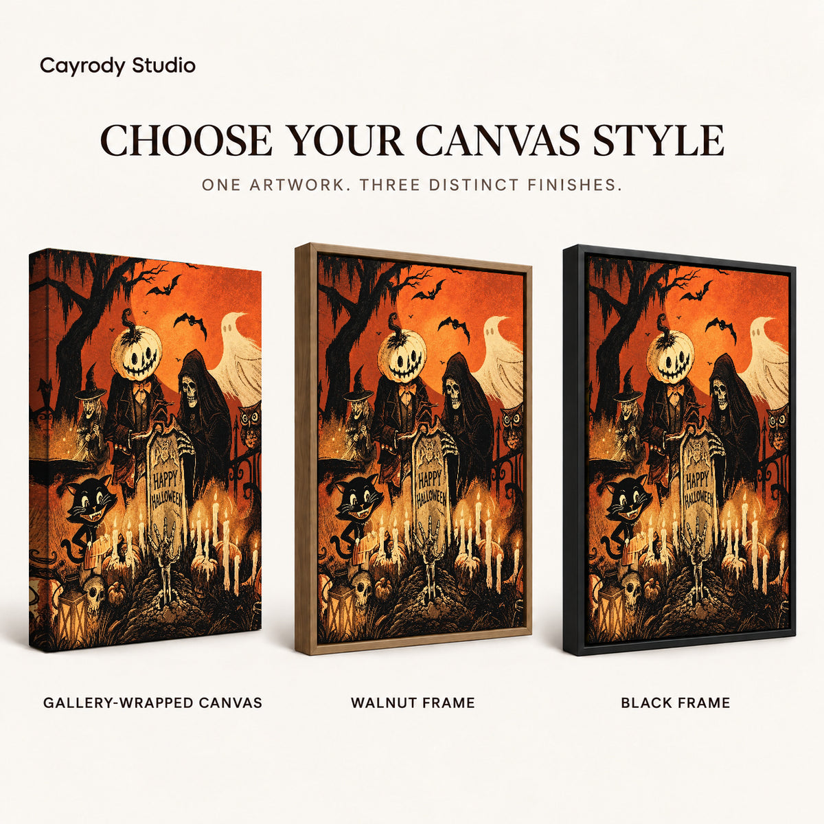 vintage halloween party canvas art compared across gallery-wrapped canvas, walnut frame, and black frame finishes.