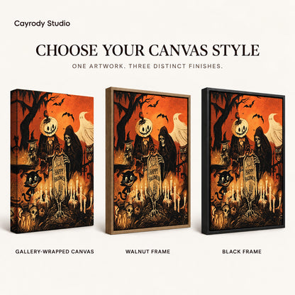 vintage halloween party canvas art compared across gallery-wrapped canvas, walnut frame, and black frame finishes.