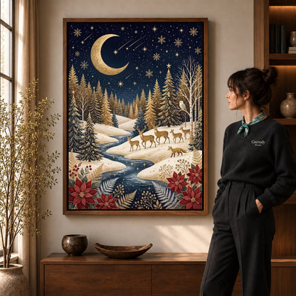 golden winter forest canvas art in a walnut frame beside a standing woman and wooden console.