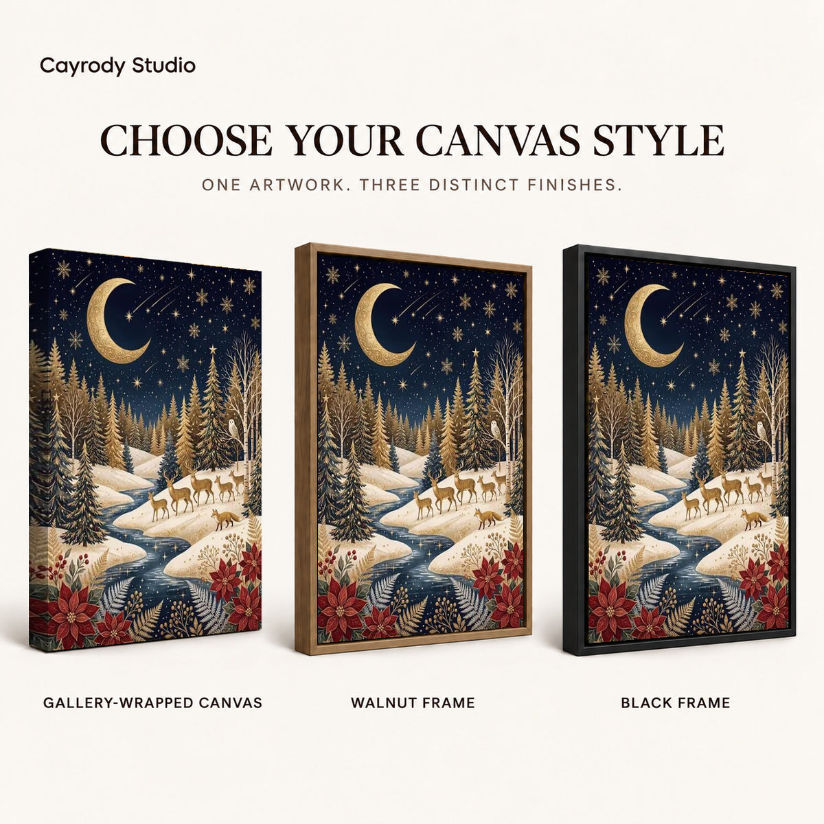 golden winter forest canvas art compared across gallery-wrapped canvas, walnut frame, and black frame finishes.