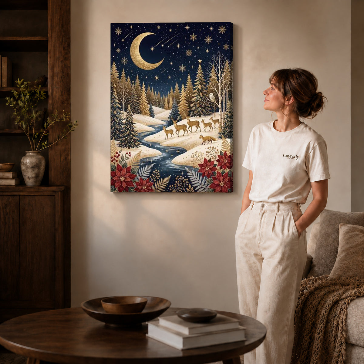 golden winter forest canvas art shown in the gallery-wrapped option with visible depth and warm surroundings.