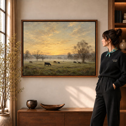 golden mist pasture canvas art in a walnut frame beside a standing woman and wooden console.