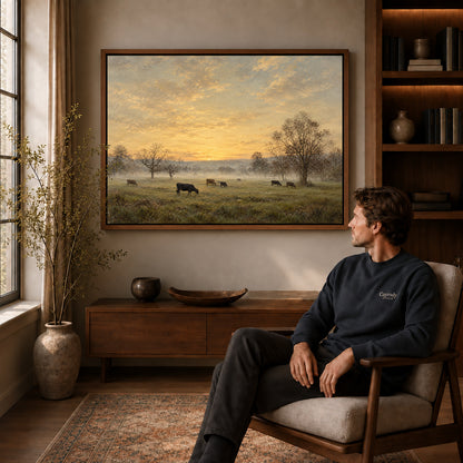 golden mist pasture canvas art in a walnut frame above a console beside a seated man.