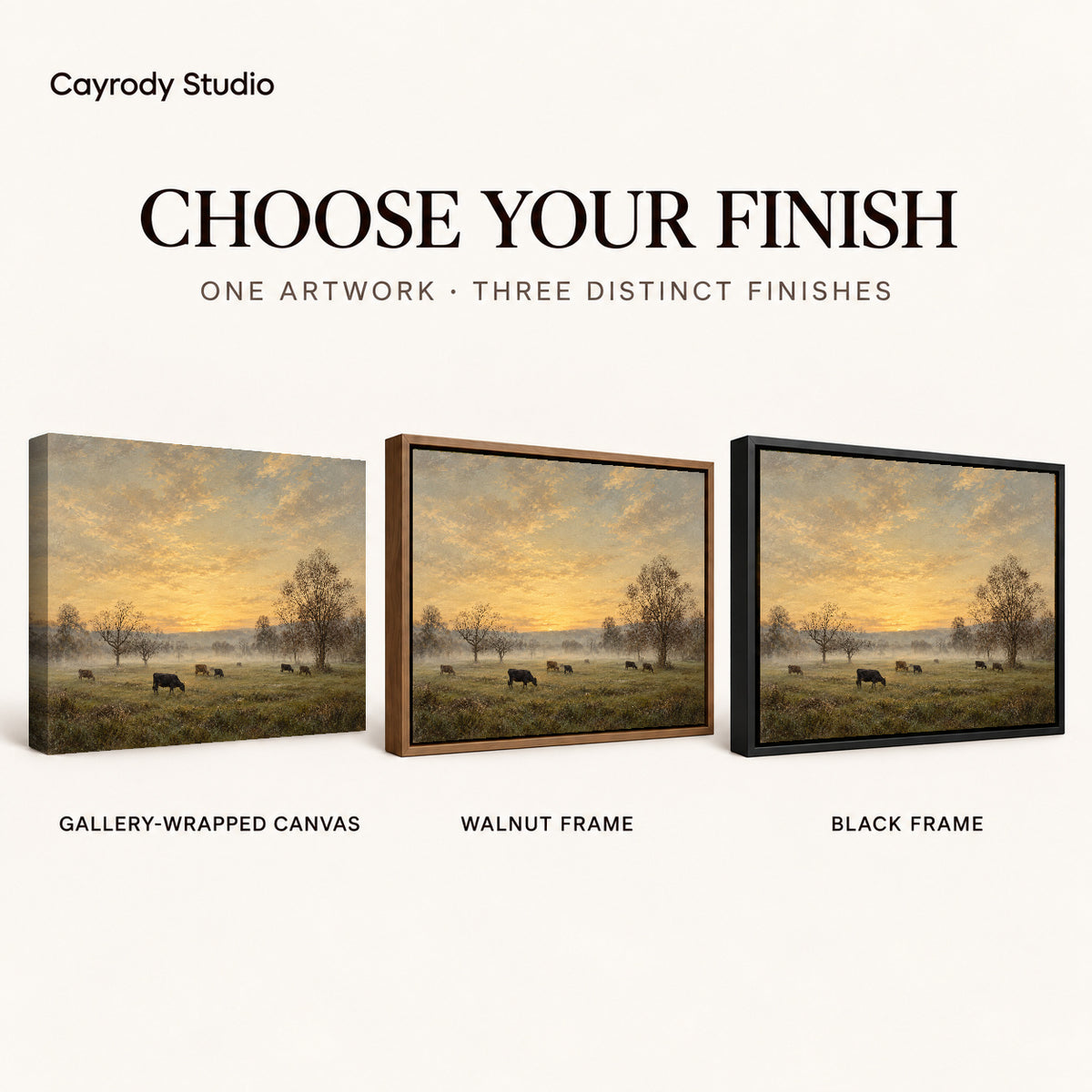 golden mist pasture canvas art compared across gallery-wrapped canvas, walnut frame, and black frame finishes.