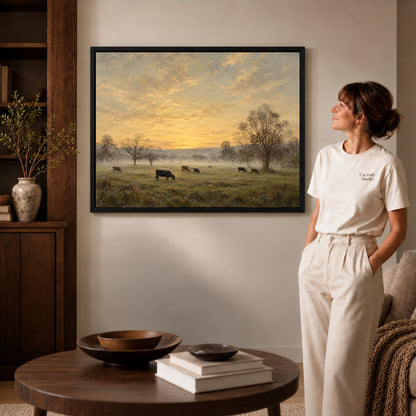golden mist pasture canvas art shown in the black frame option against a softly lit wall.
