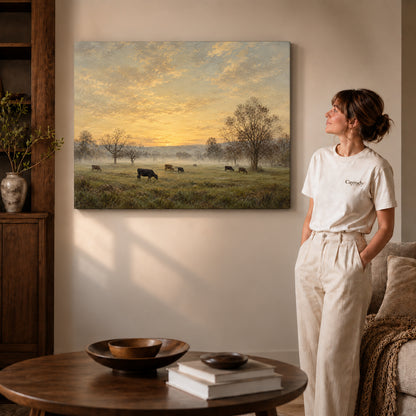 golden mist pasture canvas art shown in the gallery-wrapped option with natural side shading and warm surroundings.