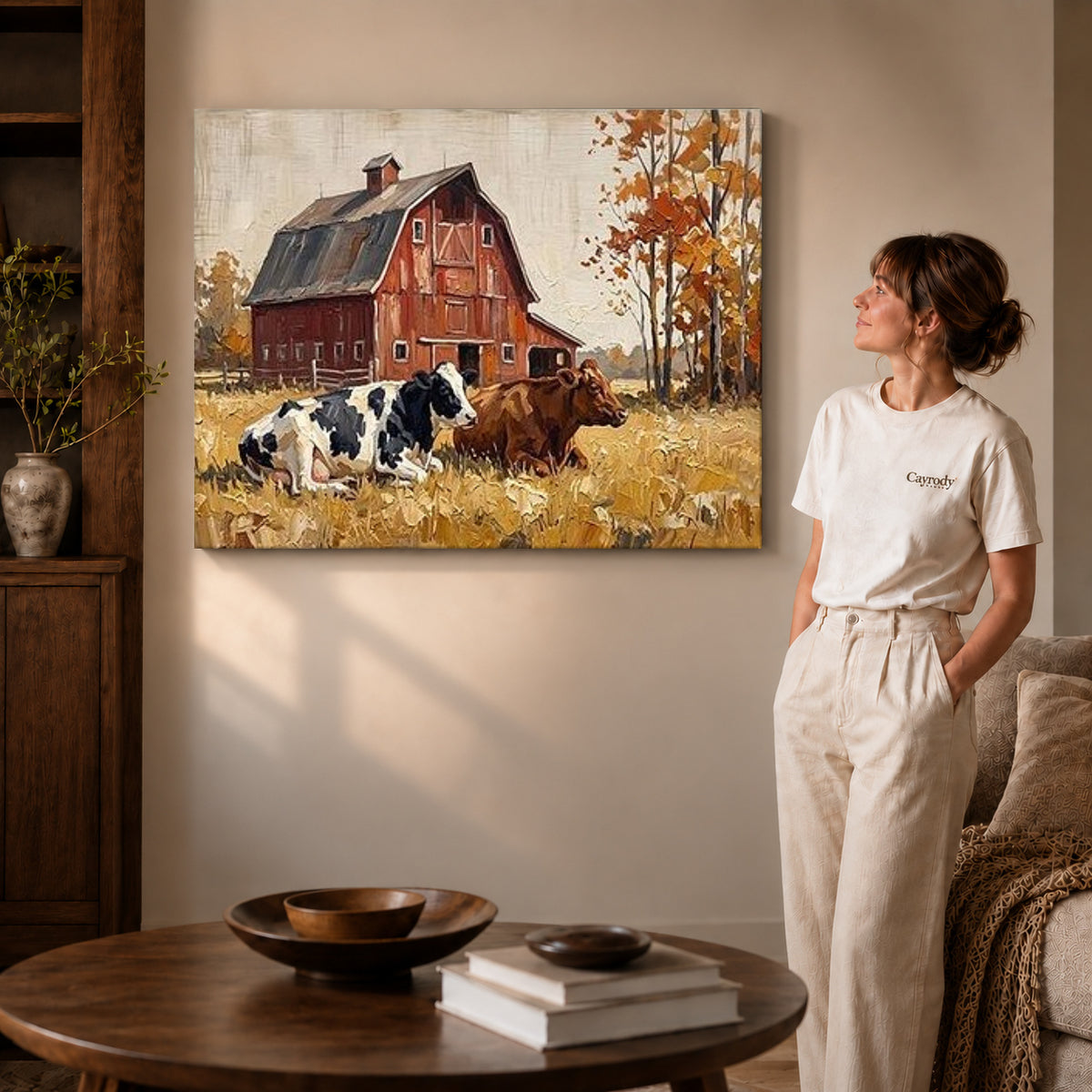 red barn companions canvas art on gallery-wrapped canvas with visible edge depth beside a standing woman.