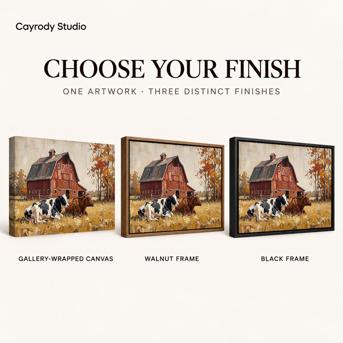 red barn companions canvas art compared across gallery-wrapped canvas, walnut frame, and black frame finishes.