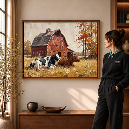 red barn companions canvas art shown in the walnut frame option within a warm living room.