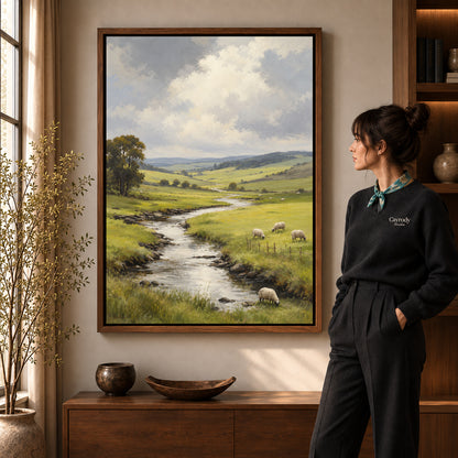 quiet sheep valley canvas art in a walnut frame beside a standing woman and wooden console.
