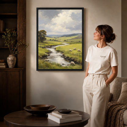 quiet sheep valley canvas art in a black frame beside a woman and round wooden table.