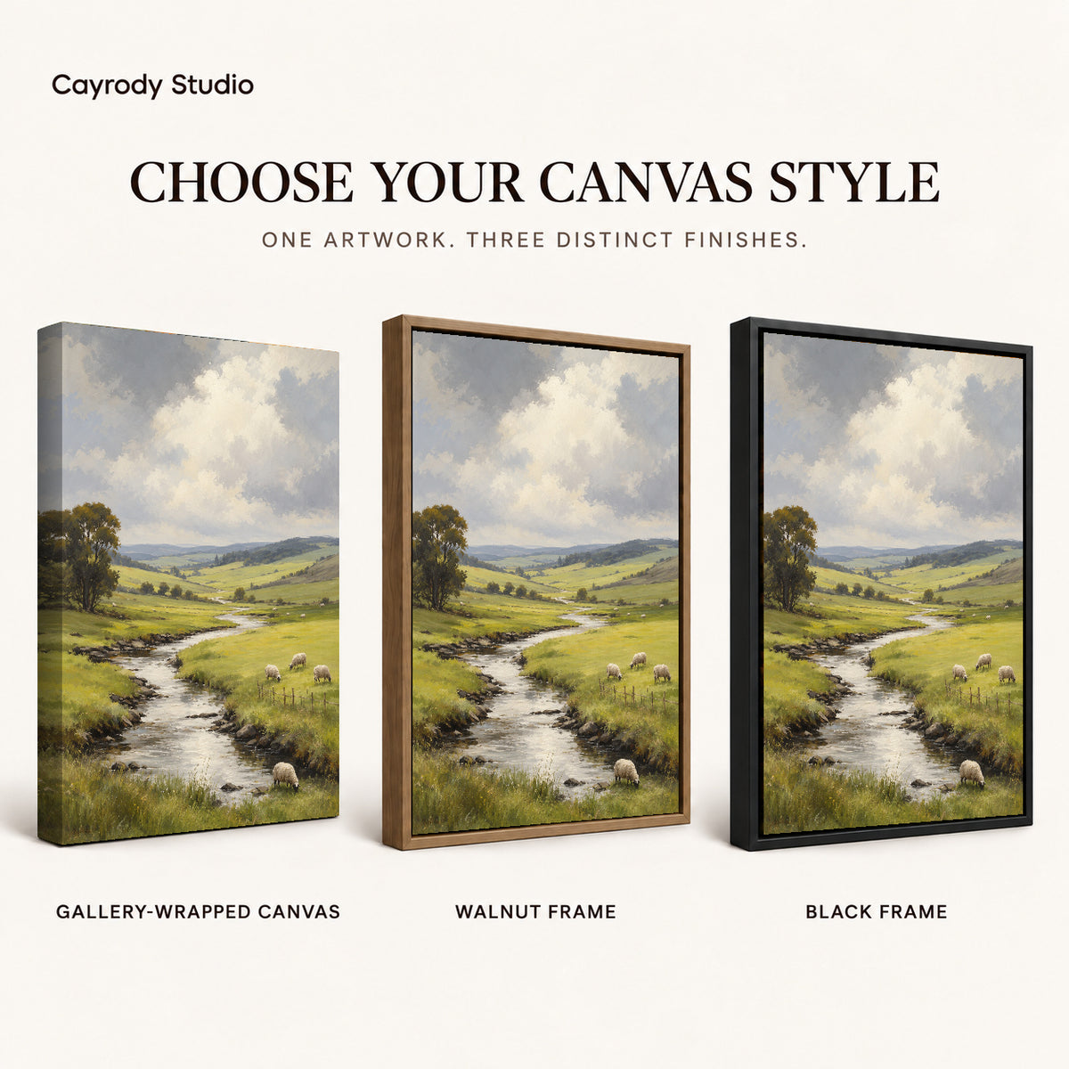 quiet sheep valley canvas art compared across gallery-wrapped canvas, walnut frame, and black frame finishes.