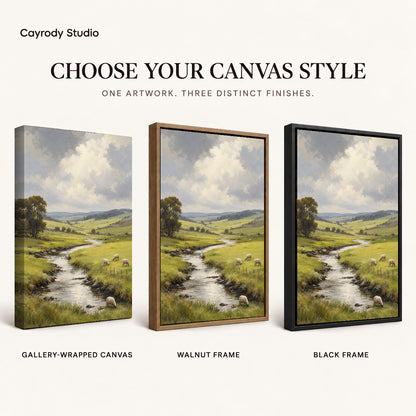 quiet sheep valley canvas art compared across gallery-wrapped canvas, walnut frame, and black frame finishes.