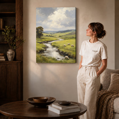 quiet sheep valley canvas art shown in the gallery-wrapped option with visible depth and warm surroundings.