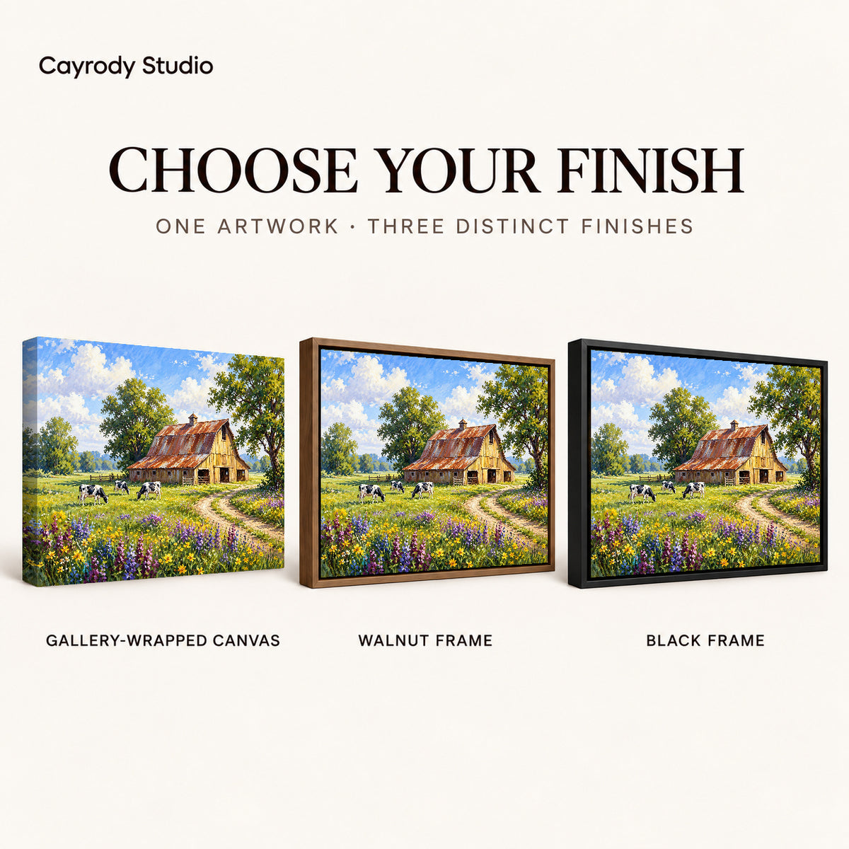 sunlit country barn canvas art compared across gallery-wrapped canvas, walnut frame, and black frame finishes.