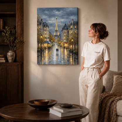 rainy paris evening canvas art on gallery-wrapped canvas with natural edge shading beside a standing woman.