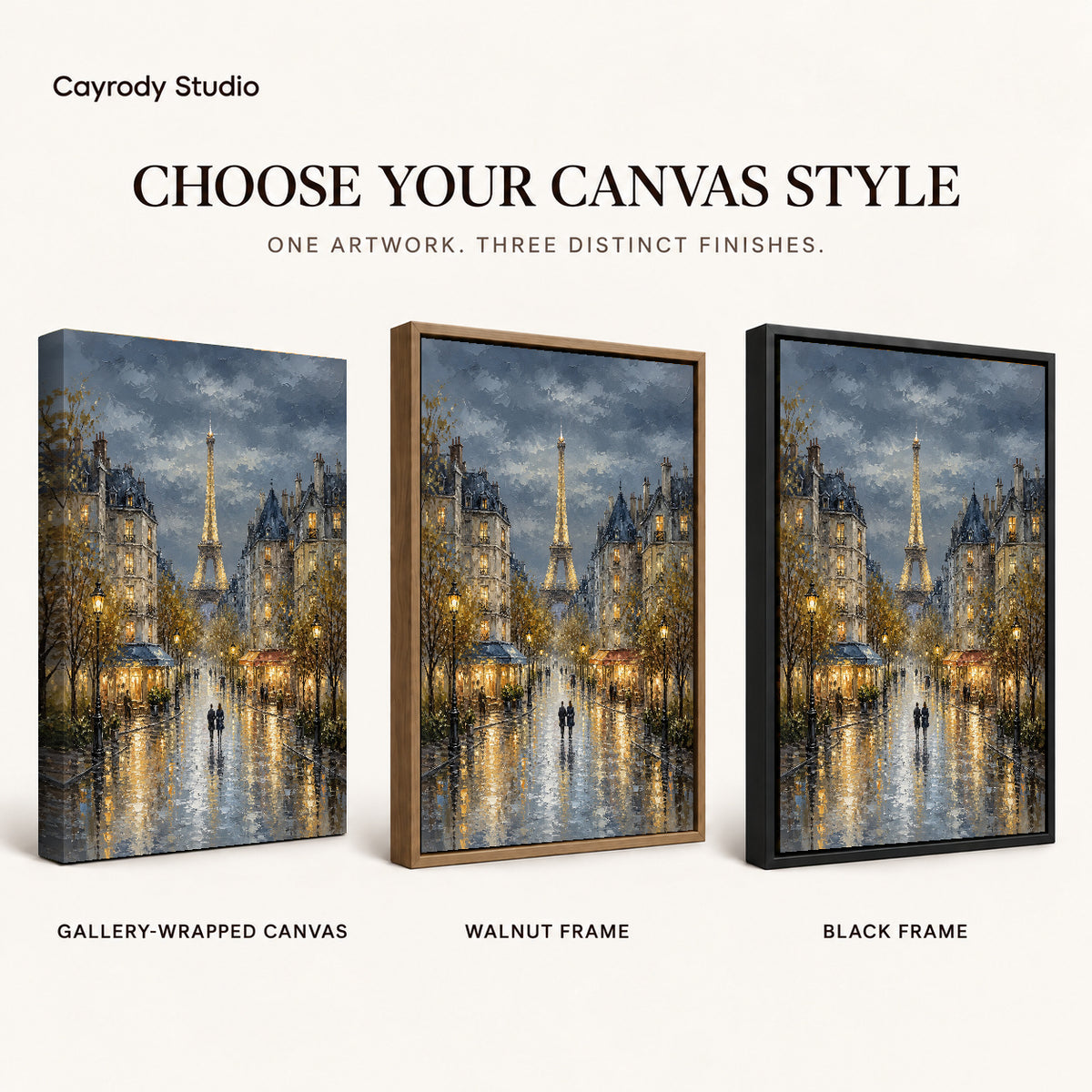 rainy paris evening canvas art compared across gallery-wrapped canvas, walnut frame, and black frame finishes.